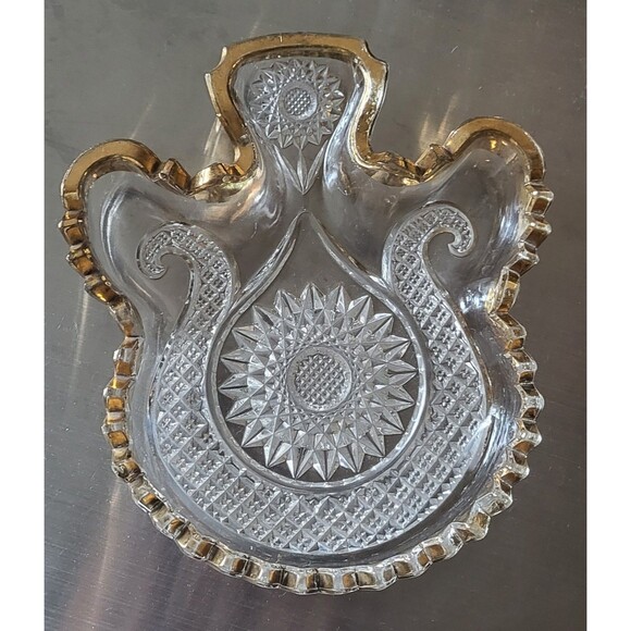 Pressed Glass Dish Vtg Edges In Gold Diamond Pattern - Picture 1 of 5